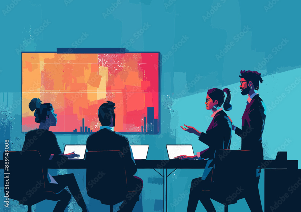 Poster business team in a modern classroom setting with teacher explaining concepts on a screen, educationa