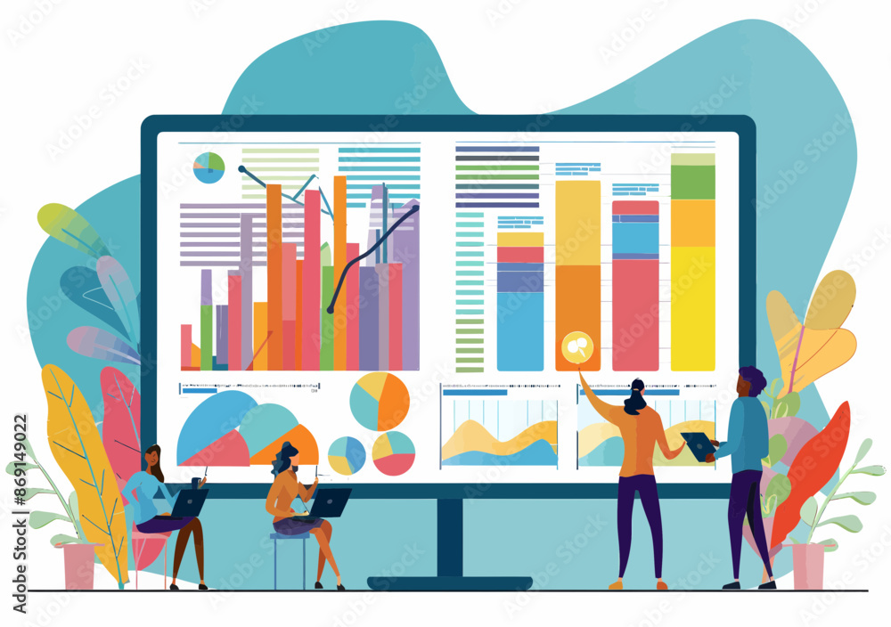Poster tiny business people analyzing large graphs on big screen, vector illustration of data presentation 
