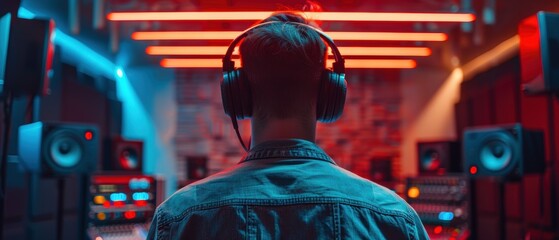 Naklejka premium Futuristic Vibe: Person in Stylish Outfit with Large Headphones in Modern Recording Studio, Back View
