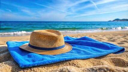 Summer beach accessories on sand background. Holiday travel, tropical concept. Straw hat, sunglasses, towel and fruits. Sun shadow and sunlight.