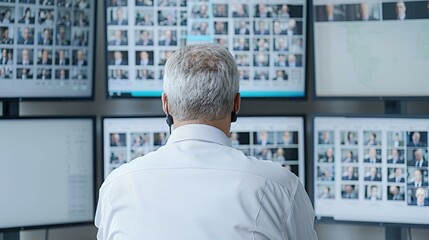 rear view portrait of security guard monitoring cctv cameras on multi screen monitors inside apartment