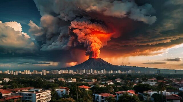A volcano erupts, sending ash and debris into the sky. AI.