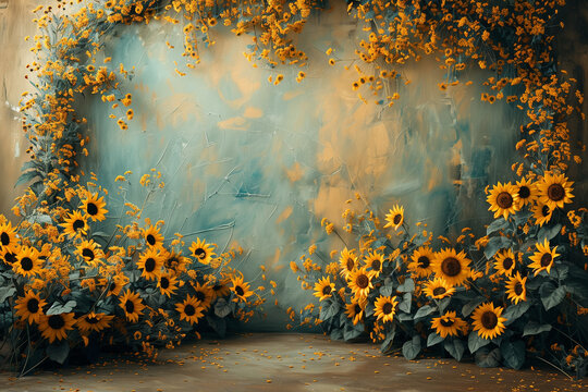 Maternity backdrop, wedding backdrop, photography background with delicate sunflowers and green vintage wall.
