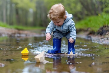 Toddler in blue rain boots playing with paper boats in a river..