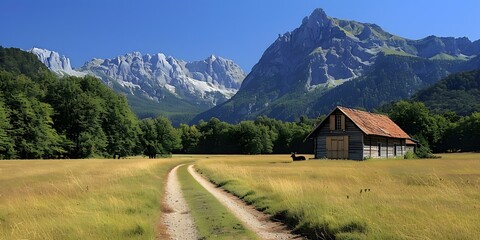 mountain hut in a lush green valley with a mountain range in the distance