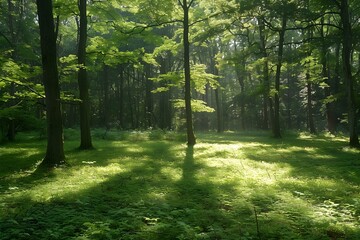 Fototapeta premium Sunlight Shining Through Trees in Green Forest
