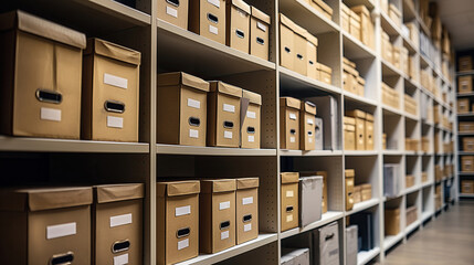 Shelves filled with neatly organized brown storage boxes in an archive room.