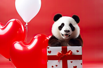 Adorable panda bear with gif box and red heart shaped balloons. Valentine’s Day holiday, Women's Day design concept.