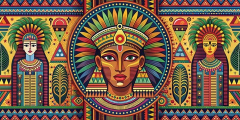 Obraz premium Ethnic fusion of Egyptian, Aztec, Indian, and African cultures in a vibrant and colorful design, Ethnic, Egyptian, Aztec
