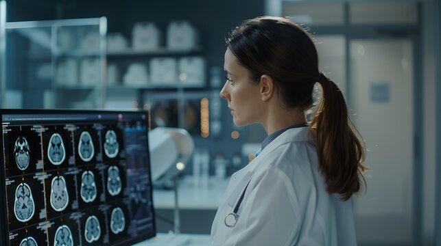 Female doctor in white coat stands near computer screen with radiography of human brain and looks at it, side view. Modern medical laboratory background. Image taken on Canon R3, f/8 