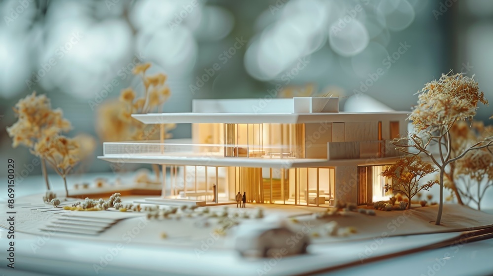 Poster architectural model of a minimalist home with park features, office setting subtly out of focus.