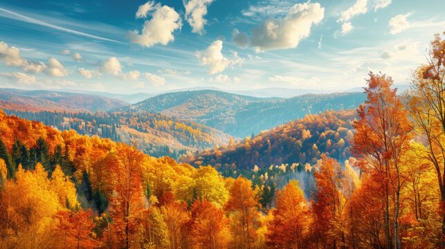 A beautiful autumn landscape with a mountain range in the background