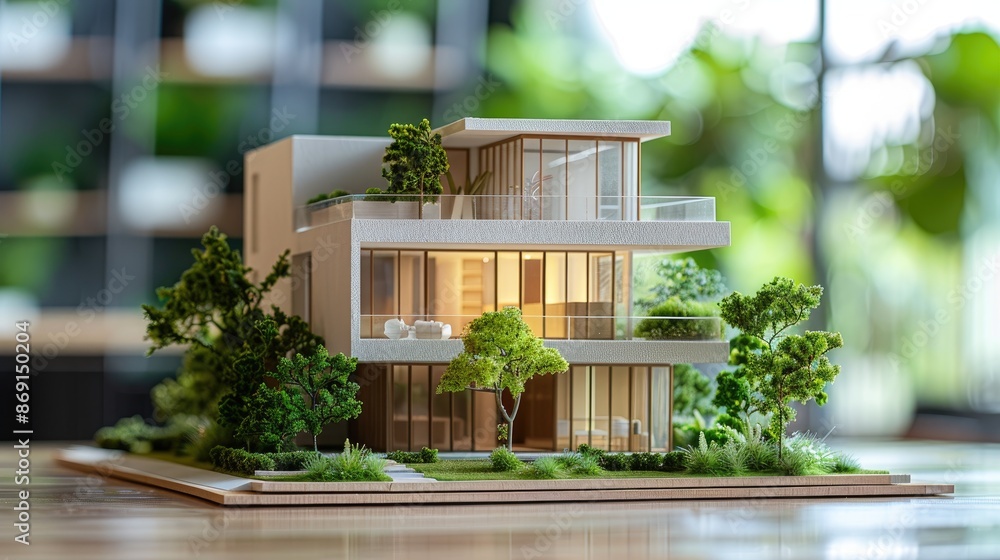 Poster a model of a house with a green tree in front of it. the house is made of wood and has a modern desi