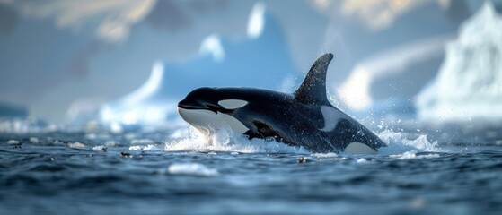 Majestic Orca Breaching Near Icy Glacier in with Clear Sky - Arctic Wildlife Photography