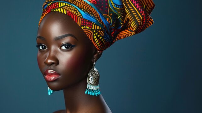 woman portrait of beautiful African woman in national, traditional costume and a colorful headscarf
