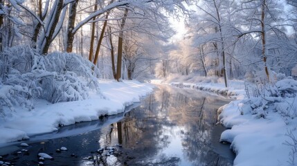 A snowy landscape with a river running through it