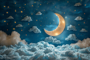 Photo backdrop for children of blue night sky with small bright stars and a cute moon and fluffy clouds