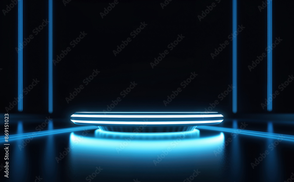 Poster Futuristic Blue Neon Circular Platform with Vertical Light Lines in Dark Room - Sci-Fi High-Tech Background for Product Display or Virtual Reality Setup