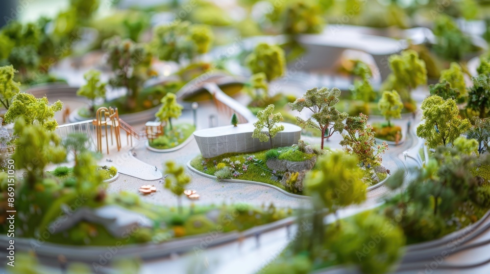 Poster close-up of an architectural model showing a park with playgrounds and greenery.