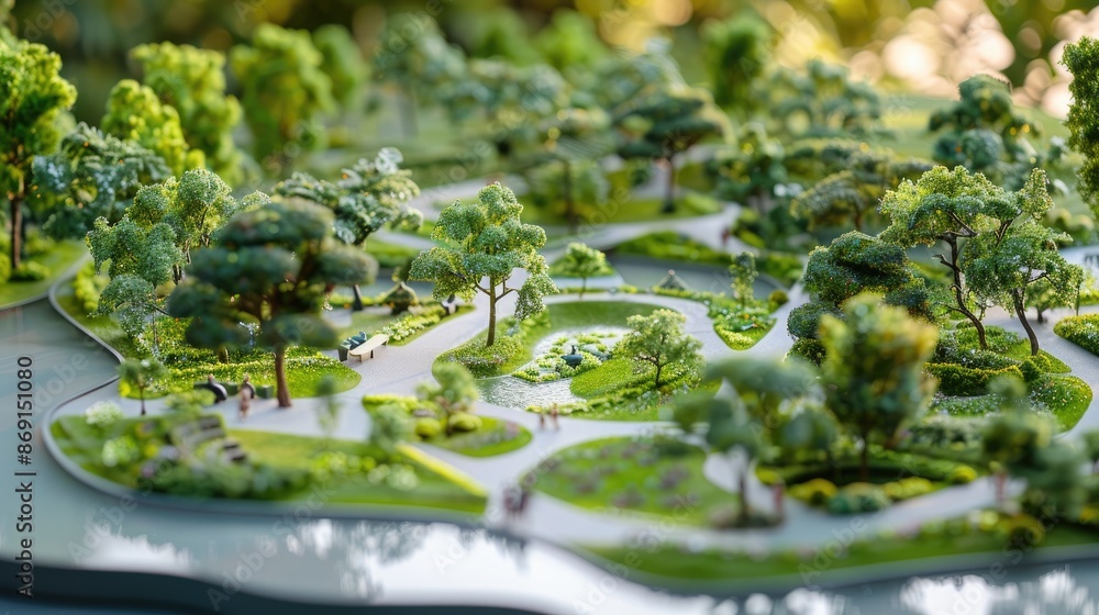 Poster close-up of an architecture model of a park with trees and a pond. the park is designed to be a peac