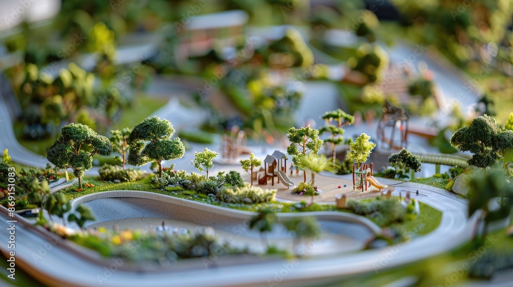 Poster close-up of an architectural model showing a park with playgrounds and greenery.