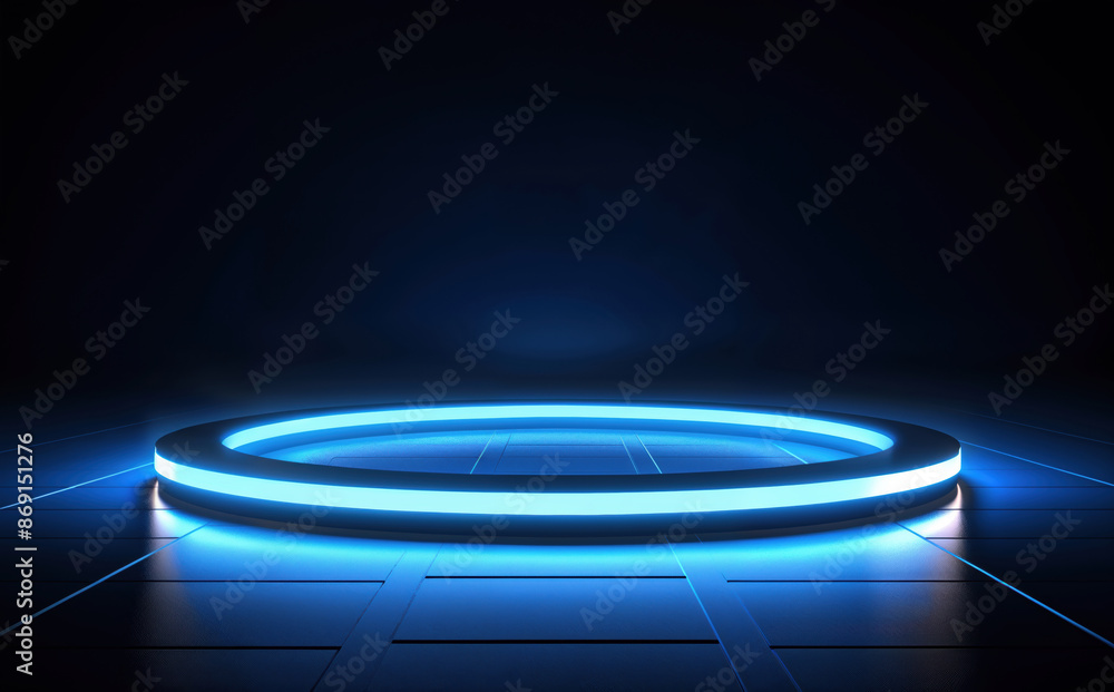 Aufkleber futuristic blue neon circular platform on dark tiled floor - sci-fi high-tech background for product