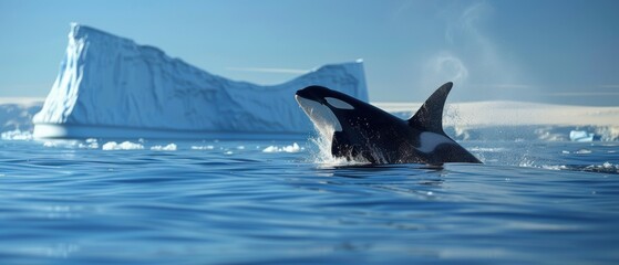 Fototapeta premium Majestic Orca Breaching by Large Iceberg in - Captivating Arctic Wildlife Scene with Clear Blue Sky and Sparkling Waters