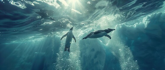 Fototapeta premium Majestic Penguins Diving off Iceberg into Sparkling Ocean under Sunlight in