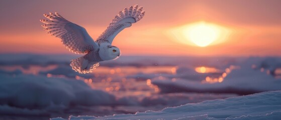 Obraz premium Majestic Snowy Owl in Flight over Arctic Iceberg at Twilight with Frozen Sea in