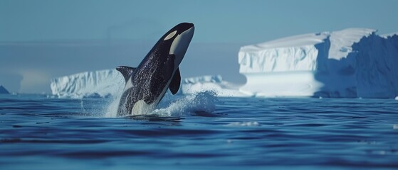 Fototapeta premium Majestic Orca Breaching Near Iceberg in Arctic Landscape - High Nature Photography