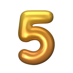 Numeral 5 - Golden Plastic Balloon Number five Isolated on White Background. 3D Style Vector Illustration