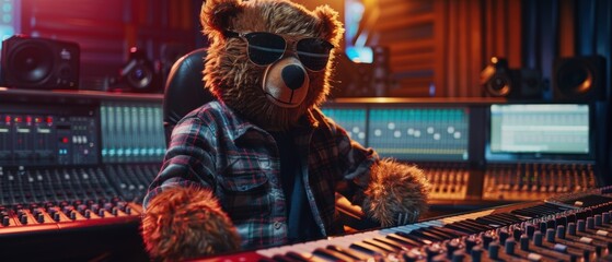 Cool Bear Music Producer in Recording Studio Control Panel -