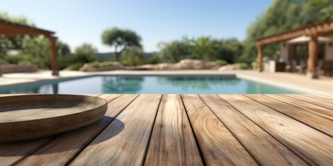Fototapeta premium Wooden Table with a Plate in Front of a Pool