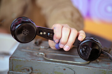 USSR field telephone for World War II communications. Historical items from the Soviet Union