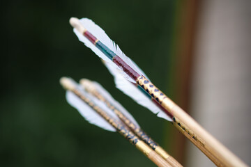 Retro weapon bow arrow fletching, close-up