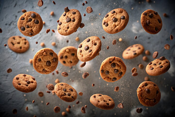 Obraz premium Flying fresh cookies with chocolate chips on a gray background. Selective Focus