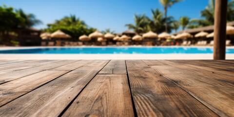 Wooden Deck Overlooking a Pool with Palm Trees in Background
