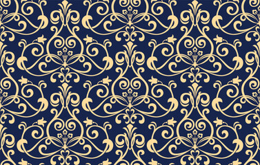 Floral pattern. Vintage wallpaper in the Baroque style. Seamless vector background. Golden and dark blue ornament for fabric, wallpaper, packaging. Ornate Damask flower ornament