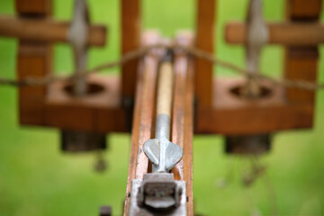 Ancient Roman ballista with a loaded throwing arrow, close-up