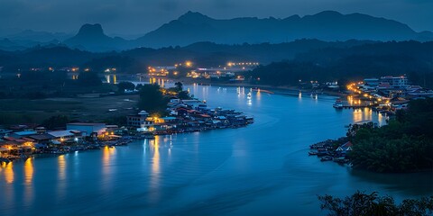 Night view of the town by the river