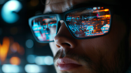 Young man wearing glasses with holographic interface reflected on the lenses