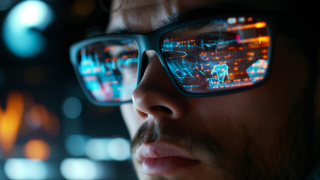 Young man wearing glasses with holographic interface reflected on the lenses