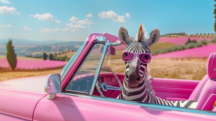 Zebra with glasses sits in a pink car on the background of the Italian landscape	
