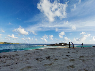 View of white sandy beach with blue sea and blue sky on December 18, 2022 - Mandalika, Lombok, Indonesia © Otna Vicky