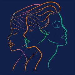 Colorful women line illustartion of a diverse and multicultural community. Illustration of a multi-ethnic group of people, portraits in simple colors on dark background