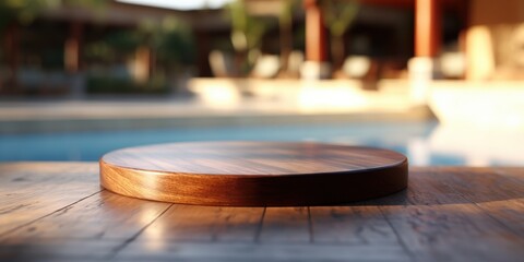 Obraz premium Wooden Cutting Board on Deck Beside Pool