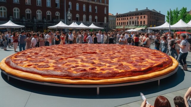 Giant traditional street fast food pepperoni pizza in the city square, top view. AI generated.
