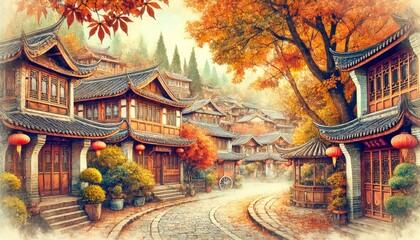 A autumn day in Lijiang, China, featuring cobblestone streets, traditional Naxi architecture, and vibrant trees