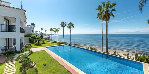 Fototapeta premium A beautiful house with a swimming pool and a view of the sea
