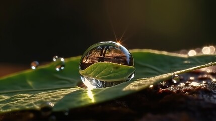 World photography day, forest reflection in dewdrop on green leaf. AI generated.